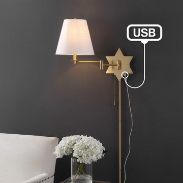 David 18.5" Modern French Country Swing Arm Plug-In or Hardwired Iron LED Star Wall Sconce with Pull-Chain and USB Charging Port - JONATHAN Y
